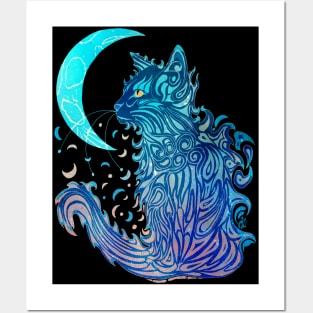 Cat Moon Dreaming (Blue Kitty Edition) Posters and Art